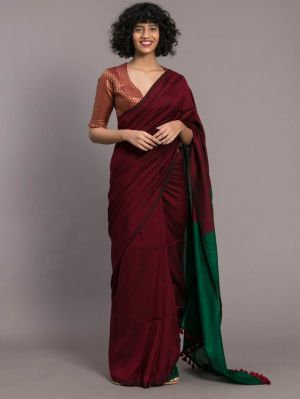Wine Berry Pure Handloom Cotton Saree From Bengal