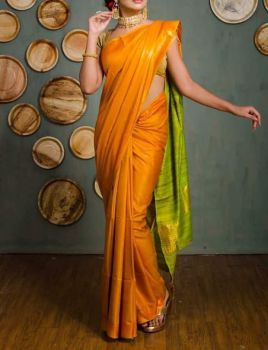 Mustard Yellow Green Plain Silk Saree From Bengal