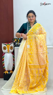 Yellow Pure Handloom Dhakai Jamdani Saree From Bengal