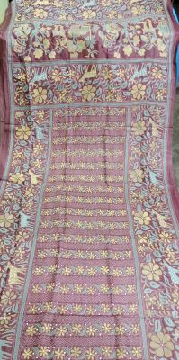 Dusty Purple Pure Handloom Kantha Silk Saree From Bengal