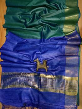 Royal Blue Teal Green Plain Silk Saree From Bengal