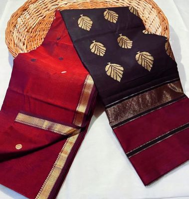 Maroon Black Pure Handloom Maheshwari Silk Cotton Saree From Bengal