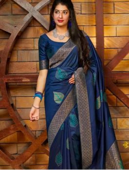 Navy Blue Pan Patti Silk Saree From Banaras