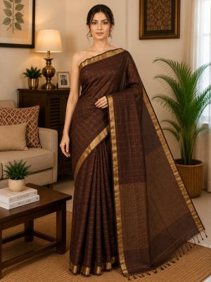 Chocolate Brown Premium Tussar Silk Handloom Saree From Bhagalpur