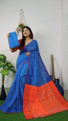 Royal Blue Pure Handloom Cotton Saree From Bengal