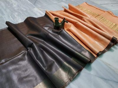 Black Peach Plain Silk Saree From Bengal
