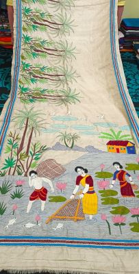 Off White Pure Handloom Kantha Silk Saree From Bengal