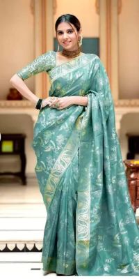 Aqua Blue Pure Handloom Embellished Silk Saree From Banaras