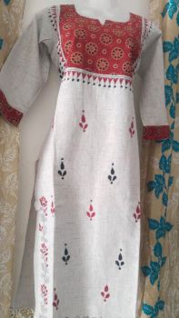 White Red Kantha Embroidery Design Kurti