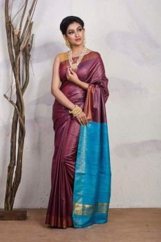 Maroon Blue Plain Silk Saree From Bengal