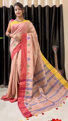 Rose Pink Pure Handloom Silk Cotton Saree From Bengal