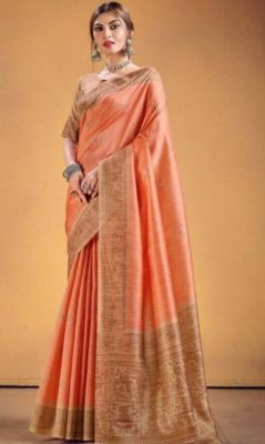 Orange Pure Handloom Tussar Silk Saree From Banaras
