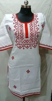 White Red Pure Handloom kurti From Bengal