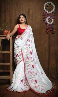 White Pure Handloom Silk Cotton Saree From Bengal