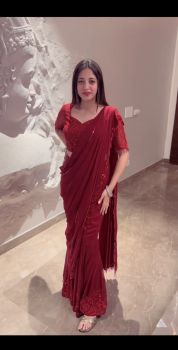 Maroon Stripes Sequence Embroidery Work Georgette Saree