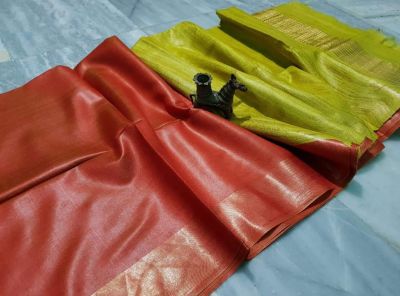 Lemon Yellow Peach Plain Silk Saree From Bengal
