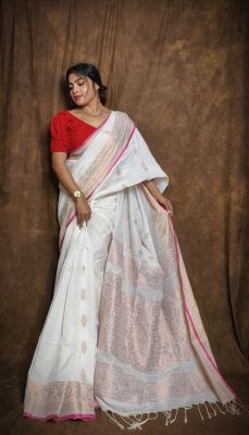 White Pure Handloom Banarasi Silk Saree From Bengal