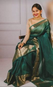 Bottle Green Plain Body Pure Handloom Organza Saree