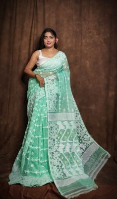 Aqua Blue Pure Handloom Dhakai Jamdani Saree From Bengal