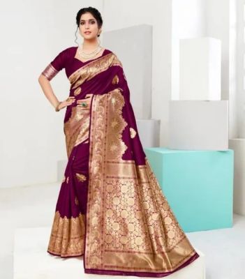 Purple Pure Handloom Banarasi Silk Cotton Saree From Banaras