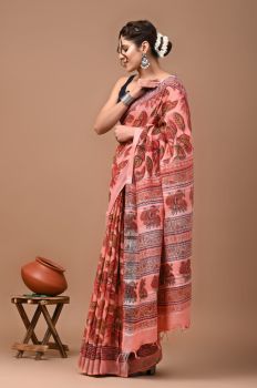 Burnt Pink Pure Handloom Linen Cotton Saree From Bihar
