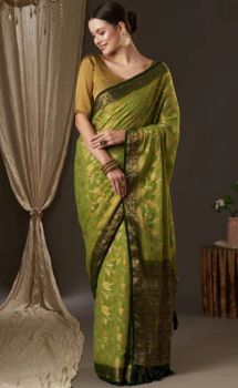 Green Flower Design Pure Georgette Saree From Banaras