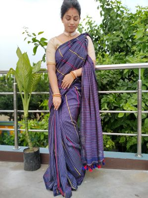 Charcoal Gray Pure Handloom Kantha Stitch Cotton Saree From Bengal
