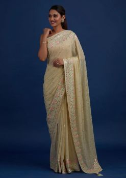 Cream Mirror Work Embroidery Georgette Saree