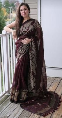 Wine Berry Pure Handloom Linen By Linen Saree From Bengal