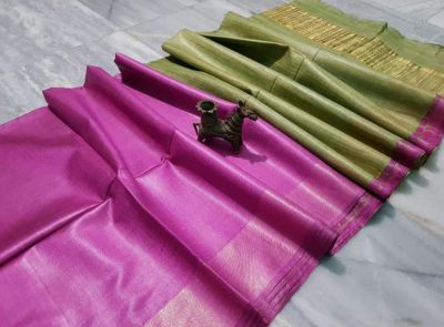 Light Green Pink Plain Silk Saree From Bengal