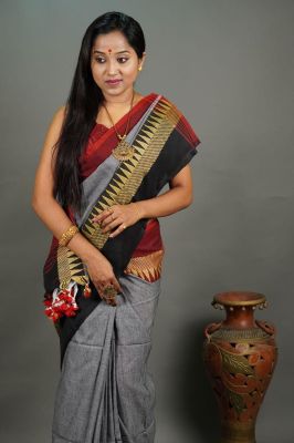 Gray Pure Handloom Cotton Saree From Bengal