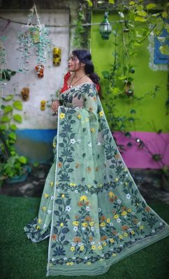 Aqua Green Pure Handloom Dhakai Jamdani Saree From Bengal