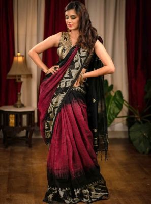 Raspberry Black Pure Handloom Linen By Linen Saree From Bengal