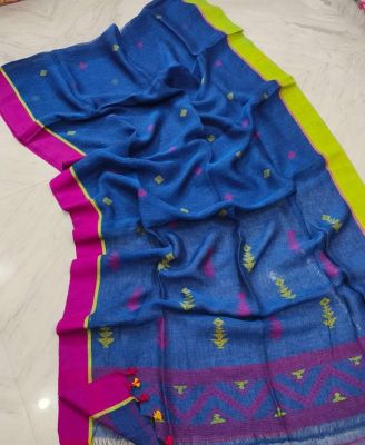 Navy Blue Pure Handloom Linen By Linen Saree From Bengal