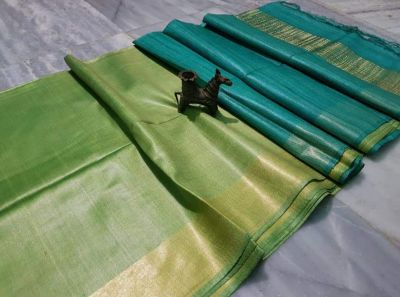 Blue Light Green Plain Silk Saree From Bengal