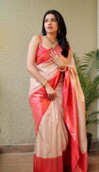 Cream Red Buttei Zari Work Silk Saree