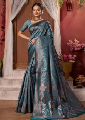 Teal Pure Handloom Art Silk Saree From Banaras