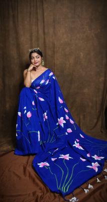 Navy Blue Pure Handloom Cotton Saree From Bengal
