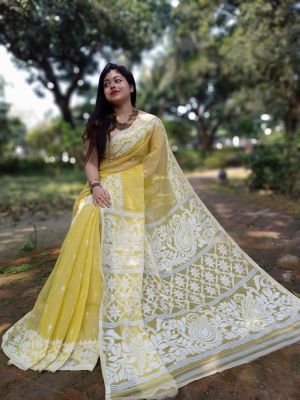 Light Yellow Pure Handloom Dhakai Jamdani Saree From Bengal