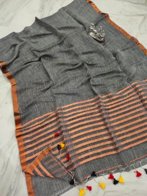 Gray Pure Handloom Linen By Linen Saree From Bengal