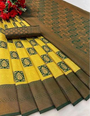 Yellow Pure Handloom Silk Cotton Saree From Banaras