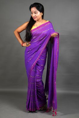 Bright Purple Pure Handloom Cotton Saree From Bengal