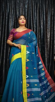 Navy Blue Pure Handloom Silk Cotton Saree From Bengal