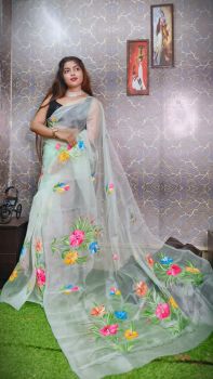 Sea Green Hand Printed Pure Handloom Organza Saree