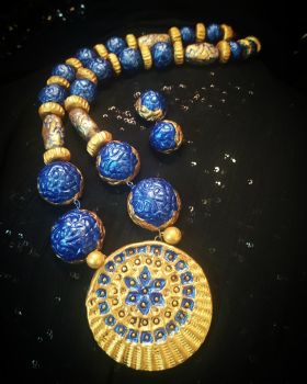 Golden blue rangoli round pendant set