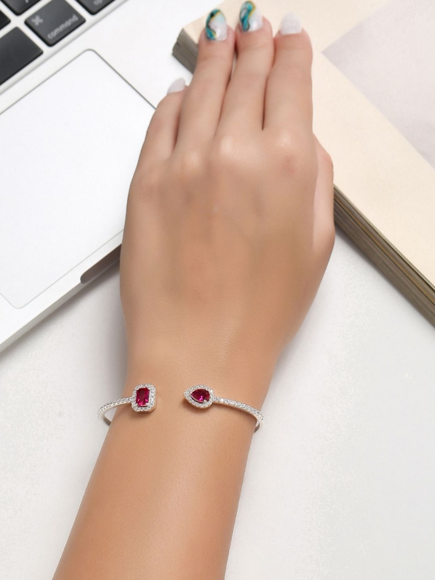 Red American Diamond Rhodium Bracelet in 925 Sterling Silver