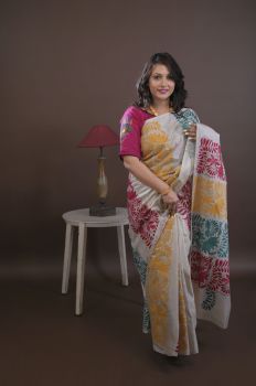 Off White Pure Handloom Katha Stitch Saree From Bengal