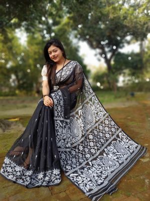 Black Pure Handloom Dhakai Jamdani Saree From Bengal