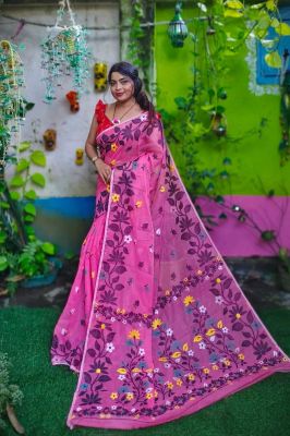 Magenta Pink Pure Handloom Dhakai Jamdani Saree From Bengal