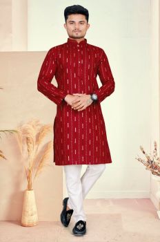Men Red Cotton Kurta Mirror Work Original kurta